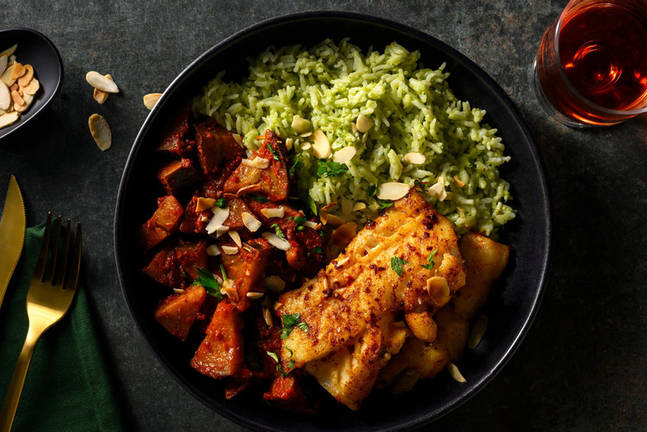 Harissa-Kabeljau auf Avocadocreme-Reis