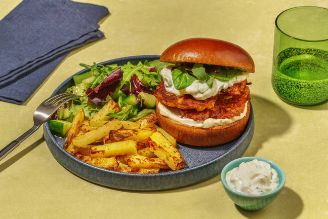 Cheesy Harissa Fritter Burger and Chips