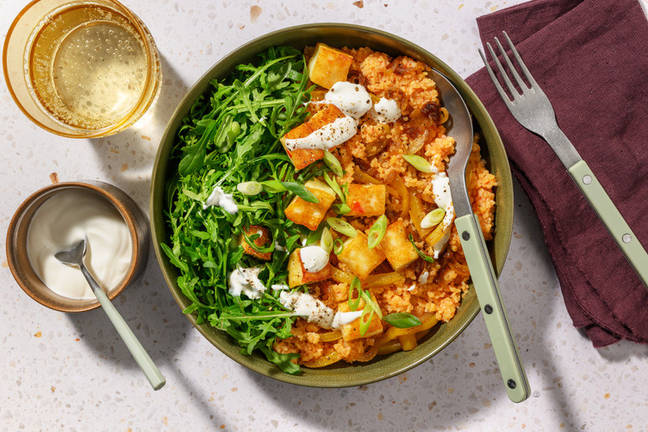 Glazed Halloumi Harissa Bulgur Bowl