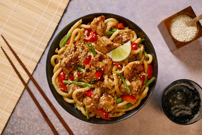 Air Fryer Miso Peanut Chicken Udon Noodles