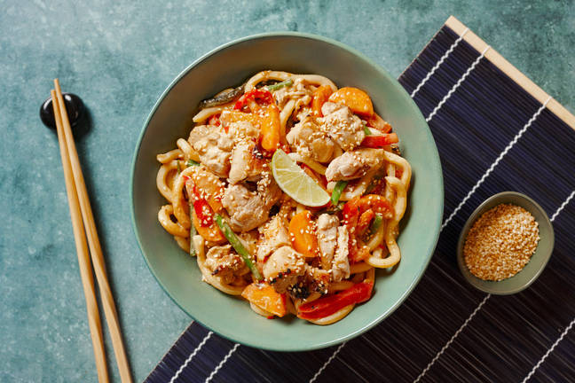 Air Fryer Miso Peanut Chicken Udon Noodles