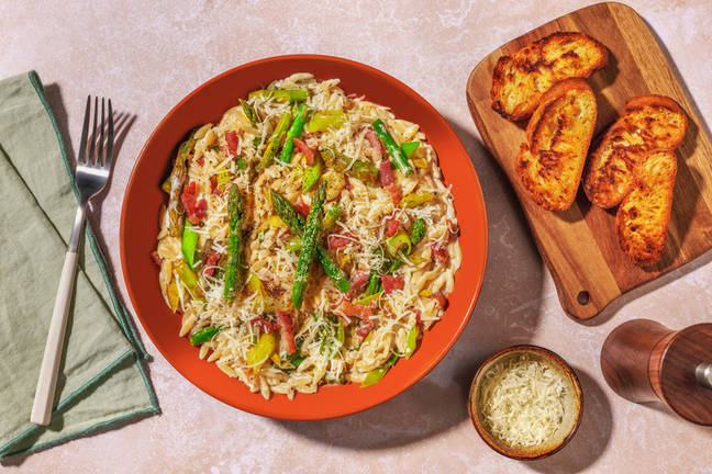 Creamy Bacon and Asparagus Orzo