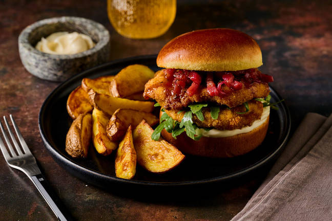 Crispy Chicken Burger in Bacon Cranberry Drizzle