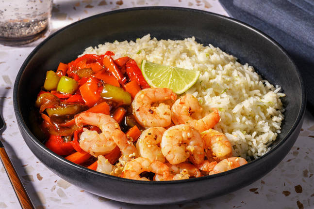 Großgarnelen mit Sesam auf Teriyakigemüse