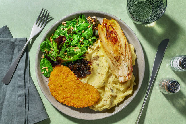 Kaasschnitzel met gekaramelliseerde witlof