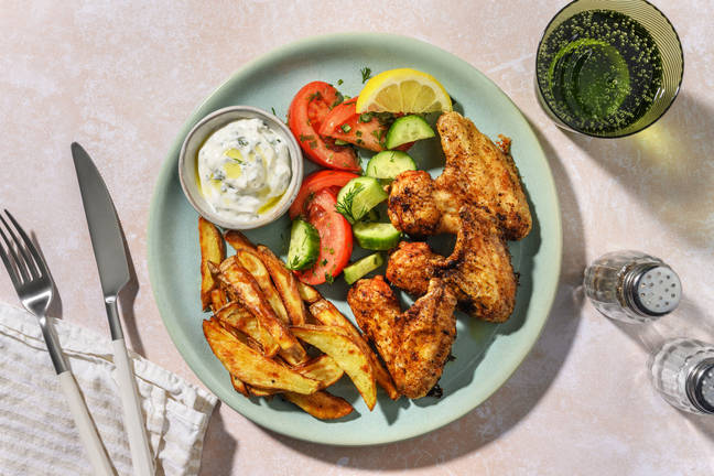 BBQ-kippenvleugels met ranchdressing en frietjes