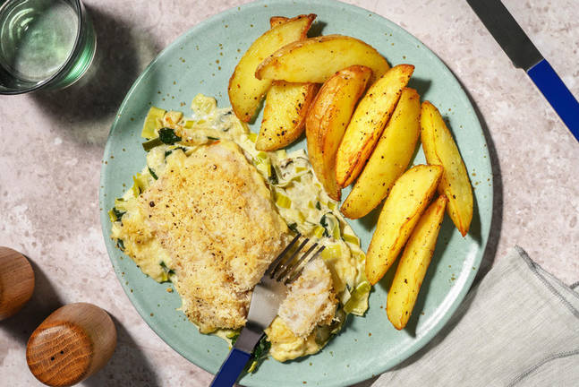 Seehecht in Spinat-Lauch-Sauce aus dem Ofen