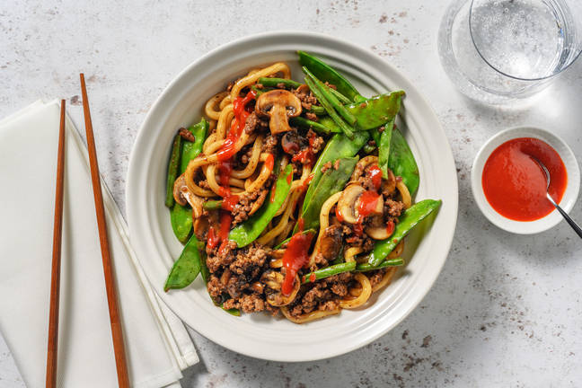 One Pan Hoisin Lamb Udon Noodle Stir-Fry