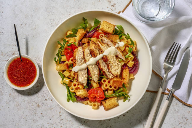 Chermoula Chicken and Warm Panzanella Pasta Salad