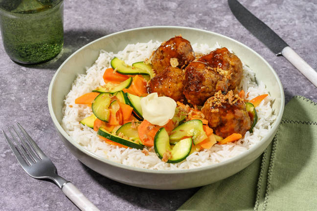 Sweet Chilli-Glazed Beef Meatballs & Rice