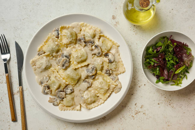'Nduja Red Pepper Ravioli in Creamy Mushroom Sauce