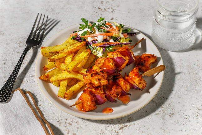 Red Thai Style Marinated Chicken Skewers and Chips