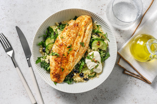 Baked Spiced Barramundi and Herby Caper Couscous