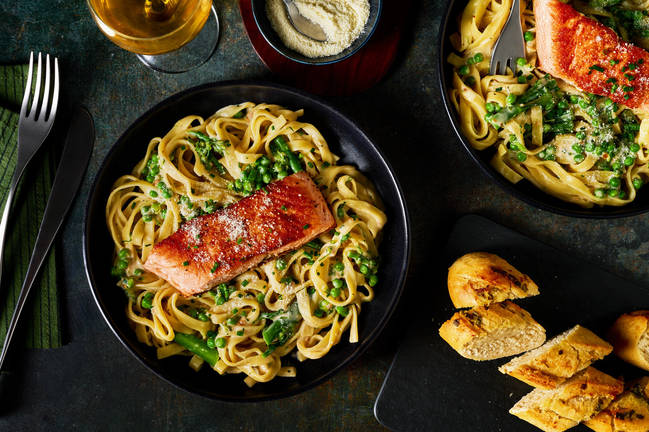 Roasted Salmon and Creamy Chive & Pea Tagliatelle
