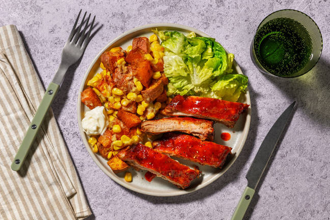 Smoky Maple Ribs & Cheesy Corn Sweet Potato Wedges