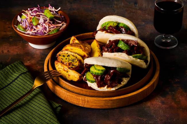 Hoisin Pulled Beef Bao and Black Sesame Wedges