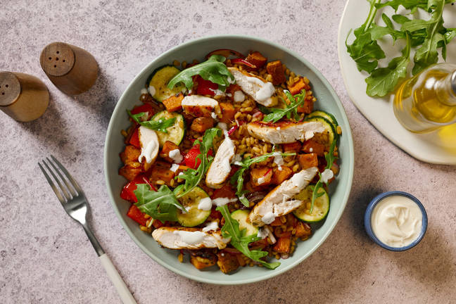 Greek Style Chicken and Spelt Harvest Bowl