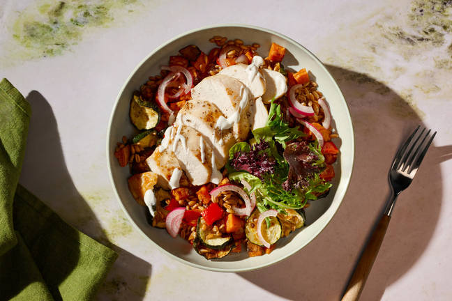 Greek Style Chicken and Spelt Harvest Bowl