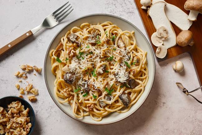 Kräuterseitlinge und Spaghetti an Rahmsoße