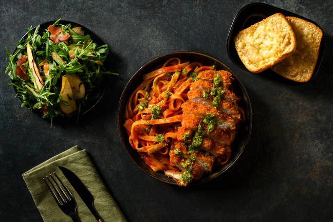 Crispy Chicken Parmigiana and Tagliatelle Pomodoro