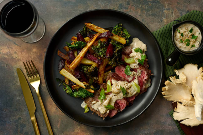 Austernpilz und Bio-Rumpsteak in Rahmsoße