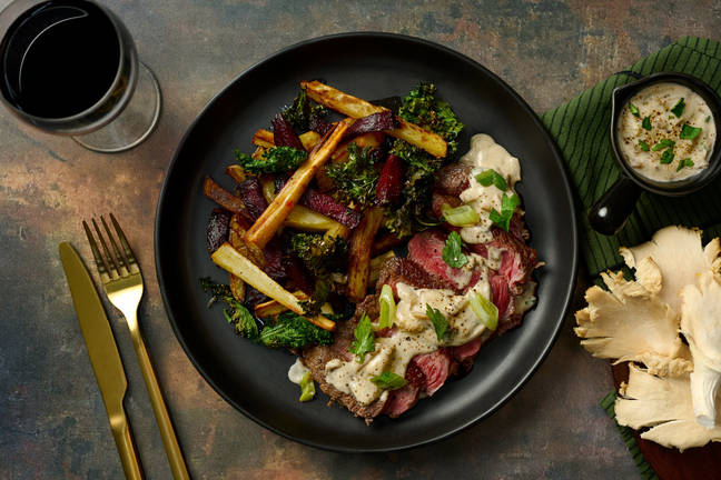 Austernpilz und Bio-Rumpsteak in Rahmsoße