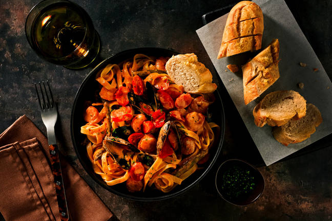 Mussel & King Prawn Tagliatelle and Garlic Baguette