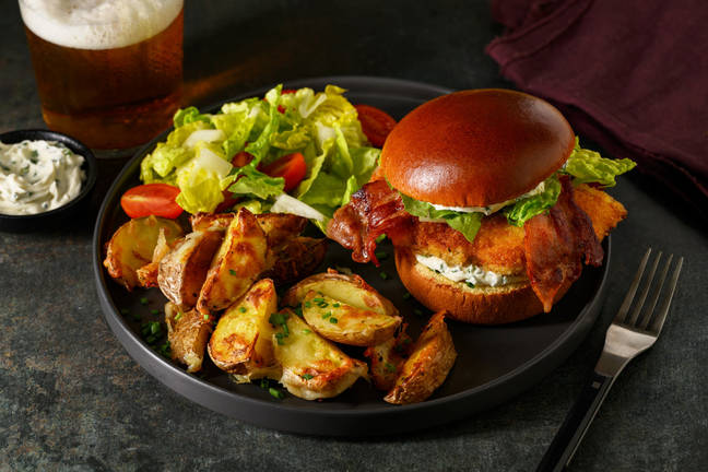 Fried Chicken & Bacon Burger and Cheesy Wedges