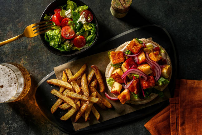 Sticky Glazed Halloumi Souvlaki and Fries
