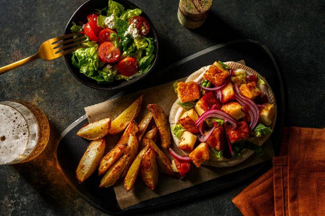 Sticky Glazed Halloumi Souvlaki and Fries