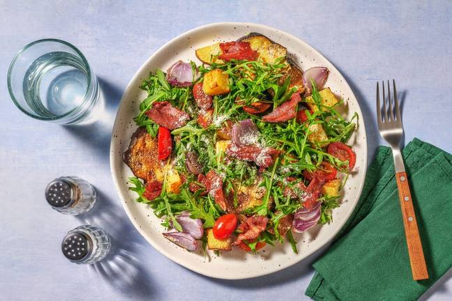 Crispy Bacon & Aubergine Parmigiana Inspired Salad