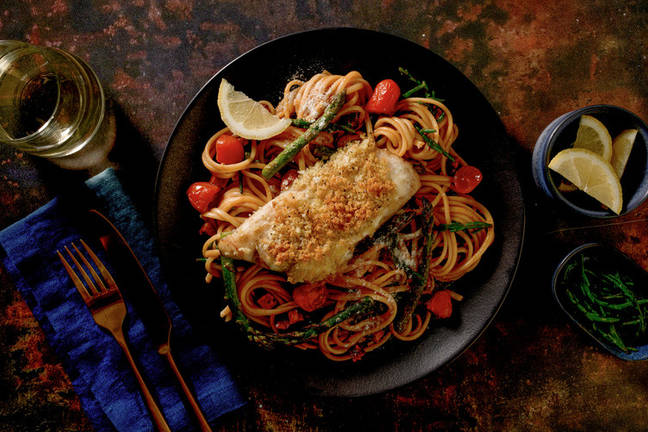 Breaded Cornish Hake on Chorizo-Samphire Linguine