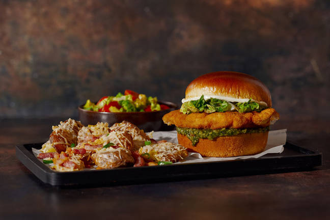 Pesto Chicken Burger and Smashed Cheesy Bacon Potatoes