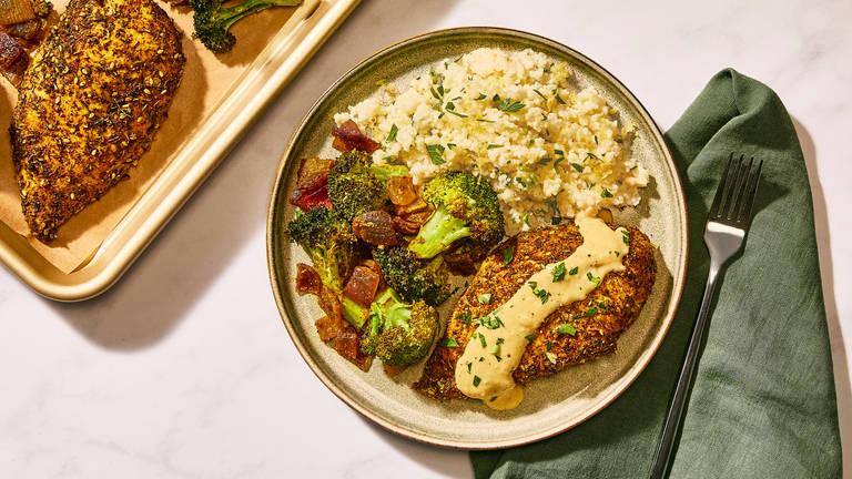 Poulet aux épices zaatar et brocoli sur plaque