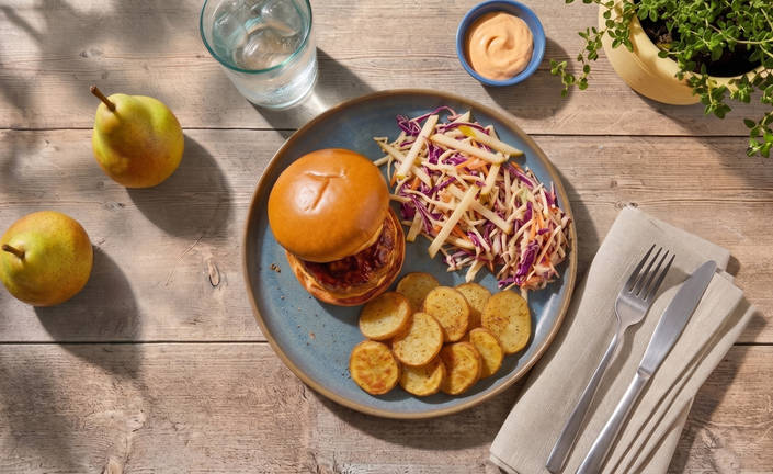 Hoisin-Glazed Pork Burgers with Pear Slaw, Potato Coins and Spicy Mayo