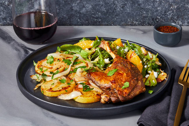 Confit de canard aux agrumes et pommes de terre à l'oignon et au thym