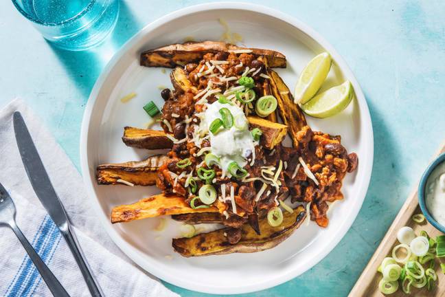 Beany Beef and Bacon Loaded Sweet Potato Wedges