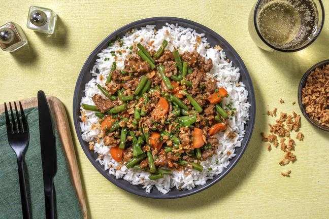 Sticky Chili-Garlic Beef and Crispy Shallot Rice