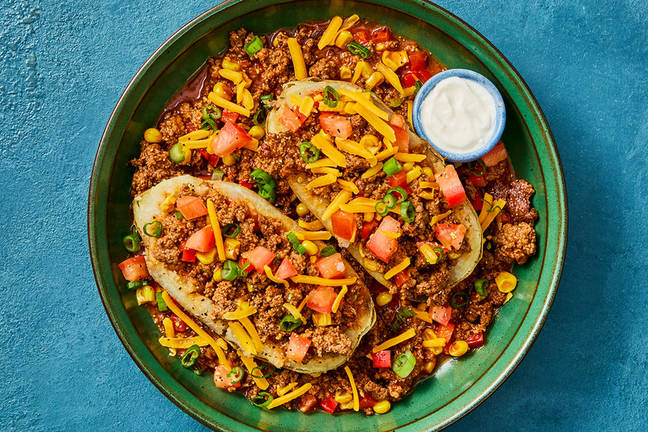 SuperQuick Cheesy Beef Chili Stuffed Potatoes