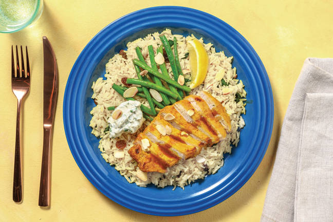 Chermoula Pork Steaks with Currant-Veggie Rice & Greens