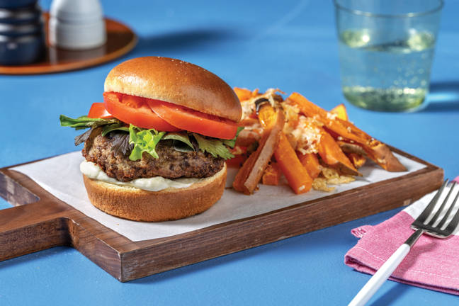 Beef Burger & Sweet Potato Parmesan Fries