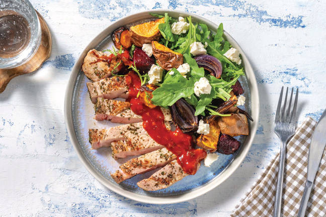 Garlicky Pork & Roast Veggie Toss