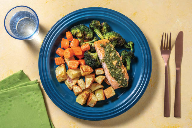 Spiced Salmon & Potato Chunks with Roast Veggies & Basil Pesto