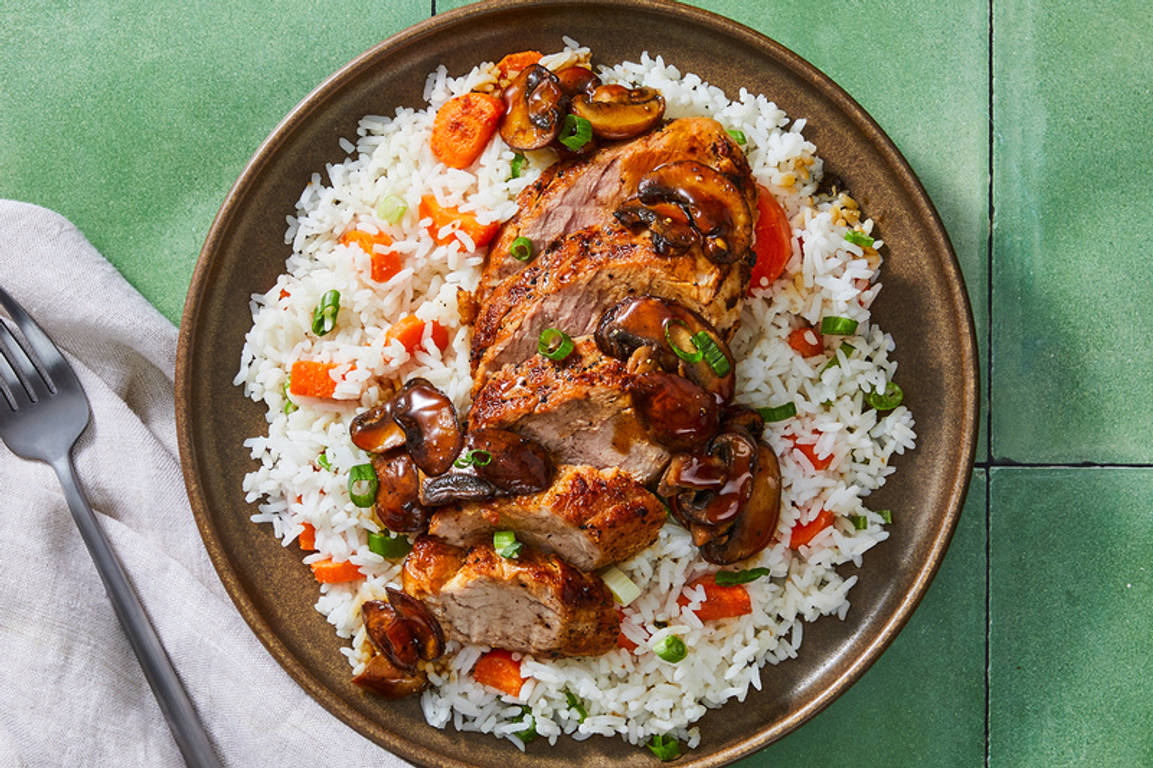 Garlic Roasted Pork Tenderloin and Teriyaki Glazed Mushrooms