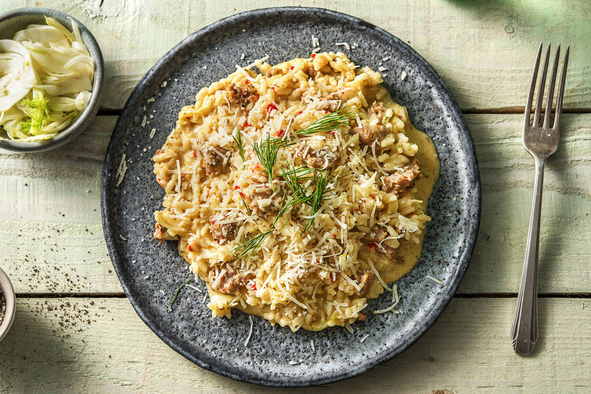 Risotto met venkel en gekruide varkensworst