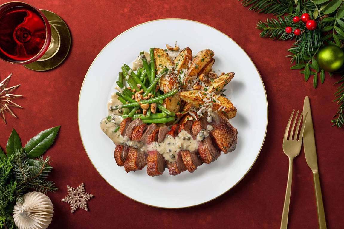 Feines Rindshuftsteak in grünem Pfefferrahm