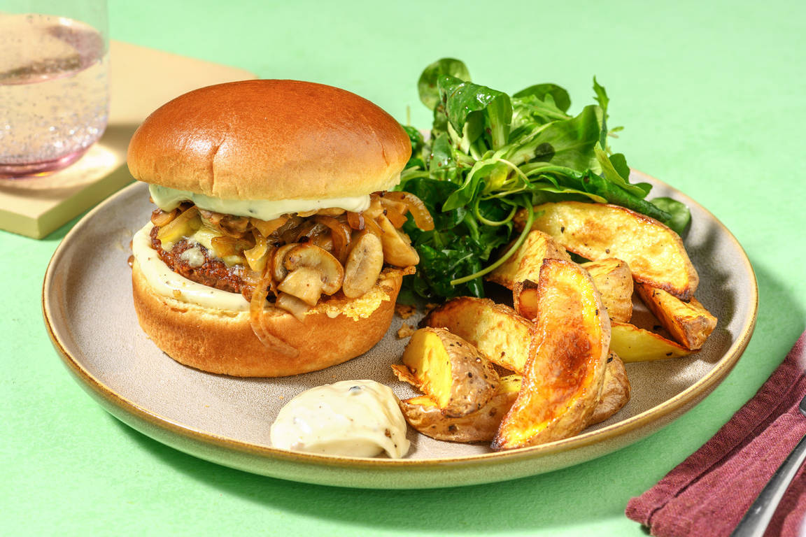 Veggie burger op briochebroodje met champignons