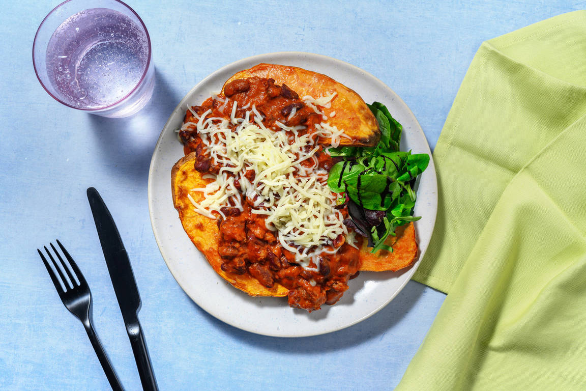 Easy Cheesy Beef and Pork Chilli Loaded Sweet Potato