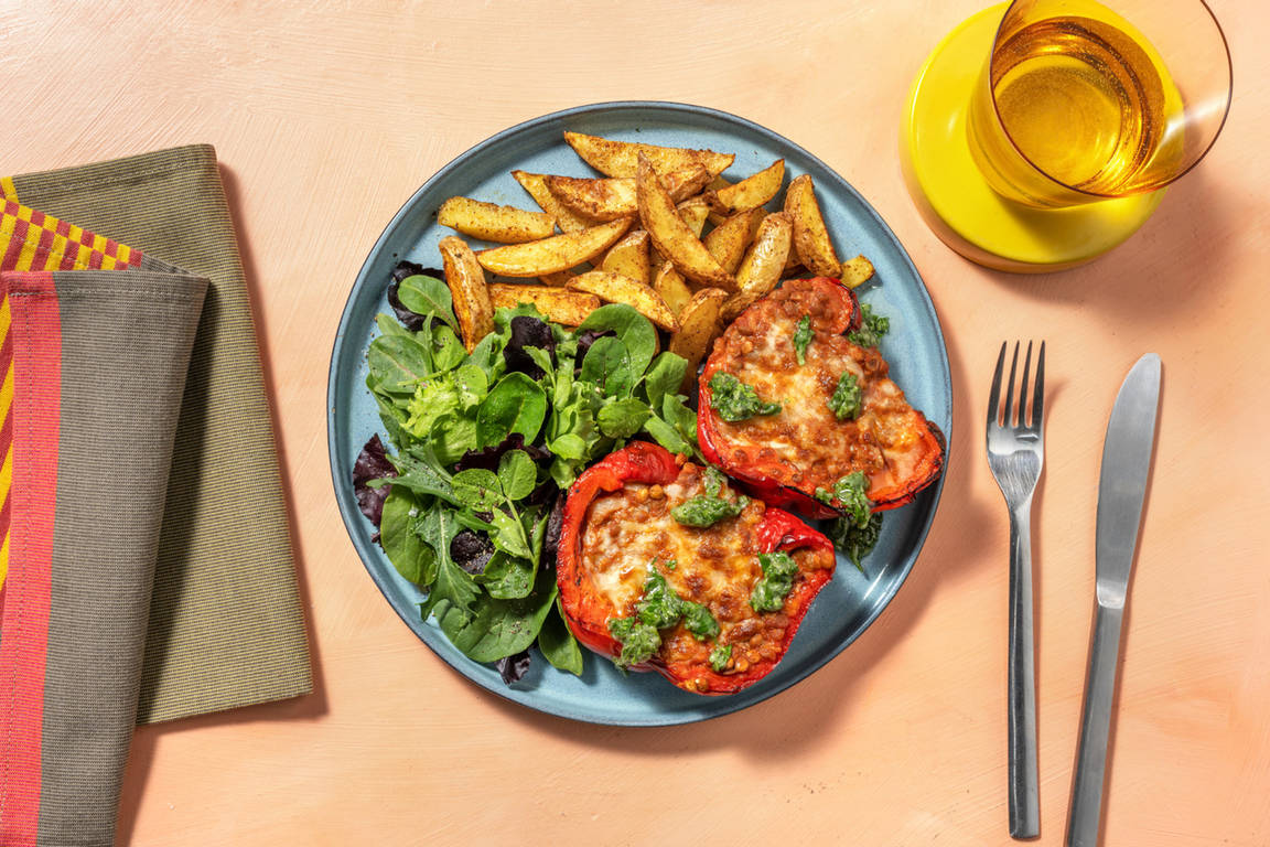 Cheesy Veggie Lentil Ragu Stuffed Pepper