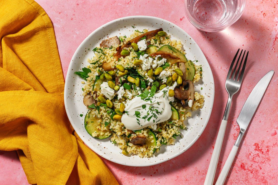 Boulgour façon pilaf, chèvre frais & courgette